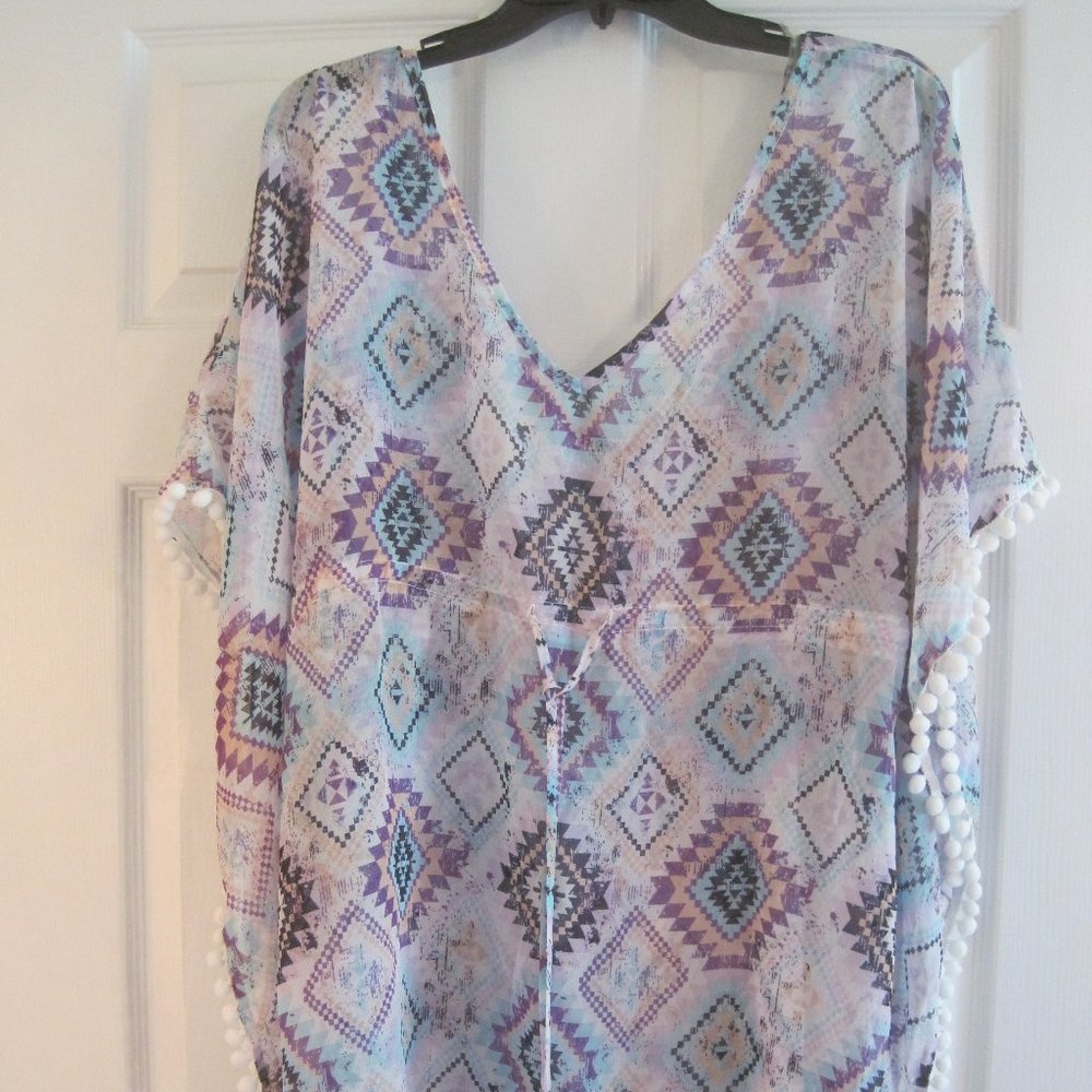 MIKEN SWIM PURPLE AZTEC POM POM COVERUP XL